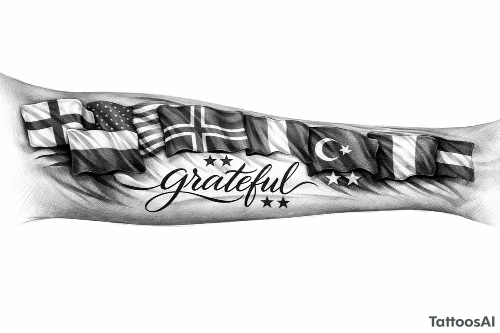 Football related my own journey England USA Iceland Italy Spain Turkey France Hungary flags inside forearm can u put 3 stars under iceland , 2 under turkey and italy no landmarks
And quote in middle “grateful” tattoo idea