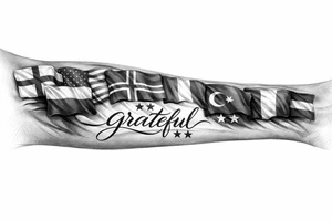 Football related my own journey England USA Iceland Italy Spain Turkey France Hungary flags inside forearm can u put 3 stars under iceland , 2 under turkey and italy no landmarks
And quote in middle “grateful” tattoo idea