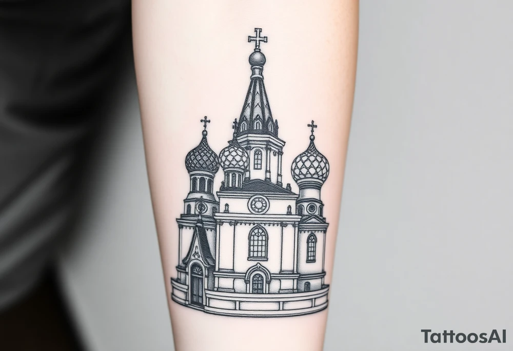 in a dorsal view a detailed orthodox church with onion domes and a band at the front with mist shrouding the top and fading into a virgin mary overlooking above at the top tattoo idea