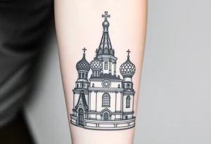 in a dorsal view a detailed orthodox church with onion domes and a band at the front with mist shrouding the top and fading into a virgin mary overlooking above at the top tattoo idea