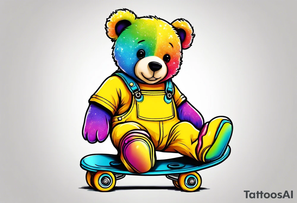 A rollerskating teddy bear in yellow overalls and rainbow skates tattoo idea