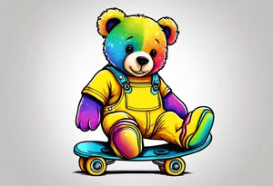 A rollerskating teddy bear in yellow overalls and rainbow skates tattoo idea