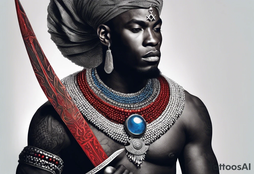An african god, a bald black-skinned warrior, that uses a sword and a silver crown. He also uses blue and red necklaces tattoo idea