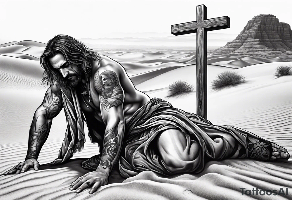 man crawling in a desert reaching to the cross of Christ tattoo idea
