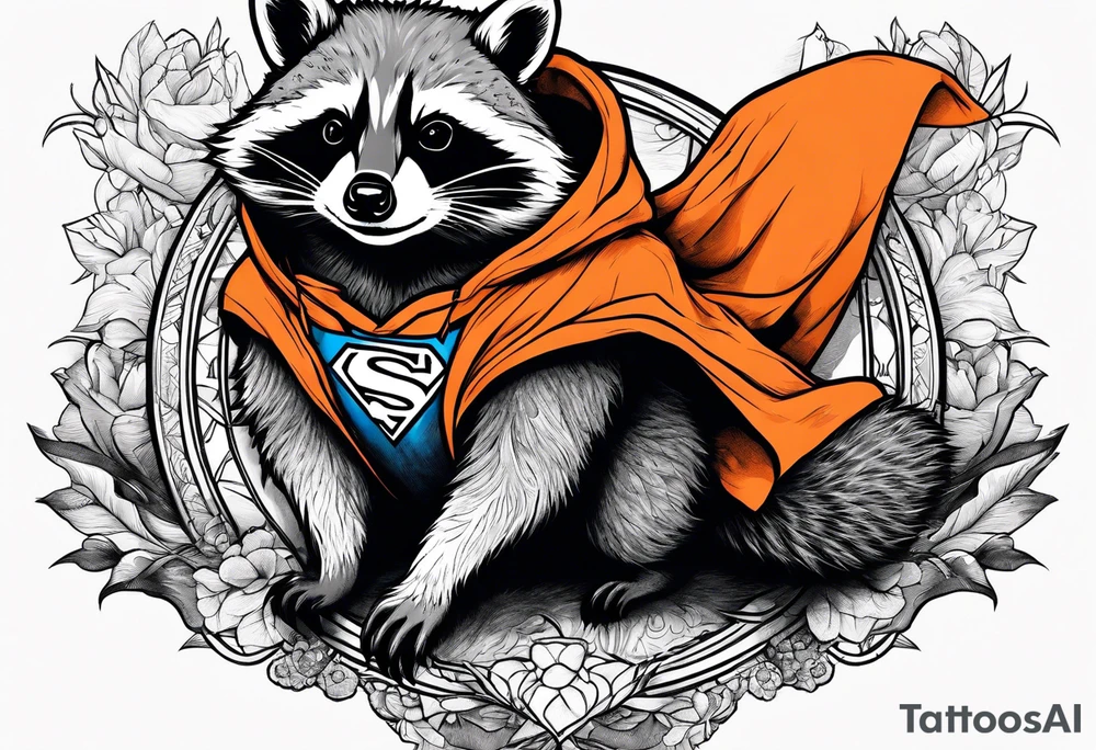 Raccoon wearing an orange Superman hoodie tattoo idea