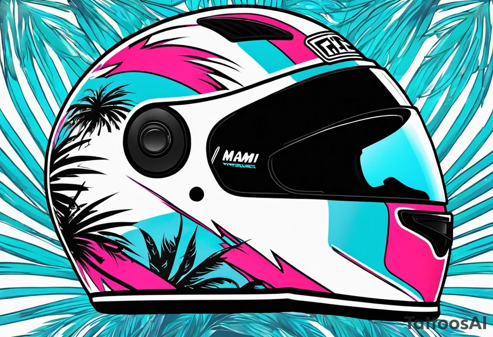 Formula 1 helment with the Miami name a palm tree and light blue black and pink colors tattoo idea