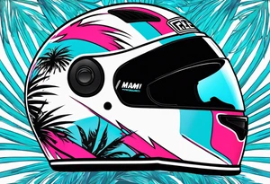 Formula 1 helment with the Miami name a palm tree and light blue black and pink colors tattoo idea