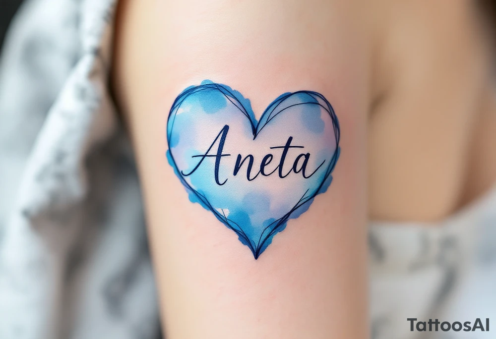 A watercolor-style heart in pastel blue with Aneta written in elegant lettering. tattoo idea