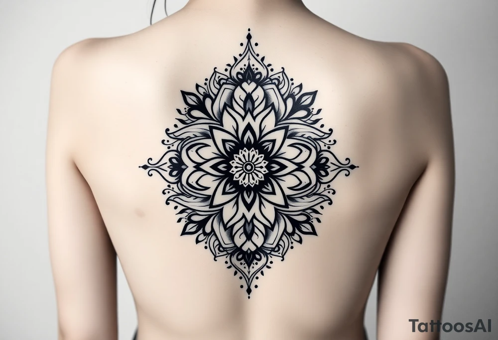 spine tattoo design with symmetrical ornamental patterns, combining dotwork, mandala elements, and flowing lines that follow the natural curves of the body with tribal-inspired lower back tattoo with sweeping symmetrical curves, bold linework, and soft floral accents, creating a feminine yet powerful aesthetic. The design is intricate and balanced. tattoo idea