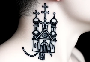 russian orthodox church with the crosses above being christian orthodox but in a AK47 style with a beaded orthodox thurible chain tattoo idea