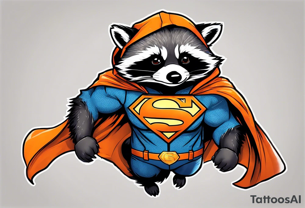 Raccoon wearing an orange Superman hoodie tattoo idea