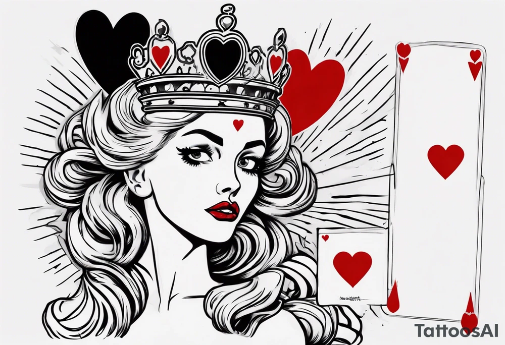 pin-up queen of hearts with a crown and eyes without pupils or irises tattoo idea