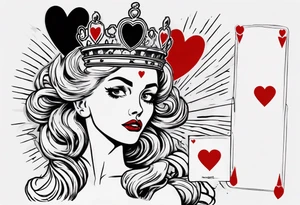 pin-up queen of hearts with a crown and eyes without pupils or irises tattoo idea