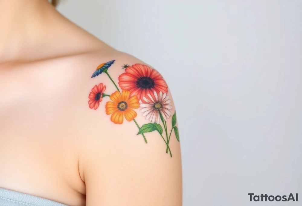 Create an image of an upper arm tattoo (from shoulder cap to just above the elbow) comprised of California poppies, California blackberries, gray’s lupine, marsh marigold, Indian paintbrush, one daisy, and an orange and orange blossom. More realistic and Use color. Bigger bundle and less stems tattoo idea