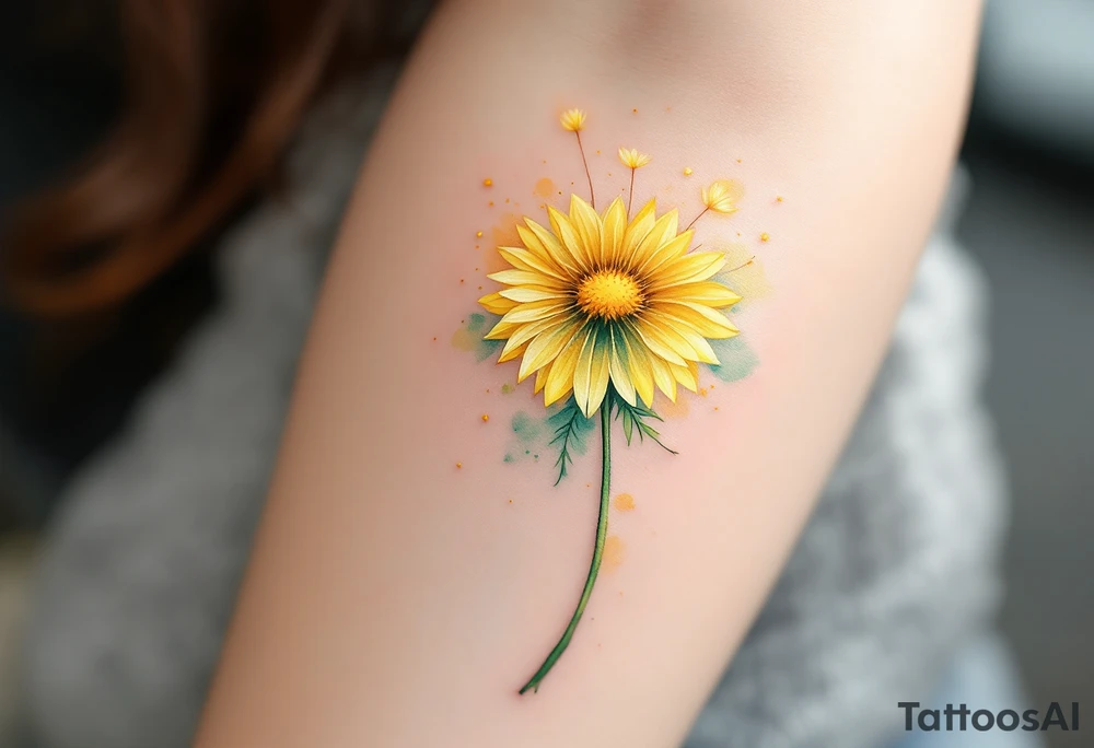 Watercolor Dandelion Burst – A vibrant yellow dandelion in full bloom, with soft watercolor splashes in light greens, yellows, and hints of orange. tattoo idea