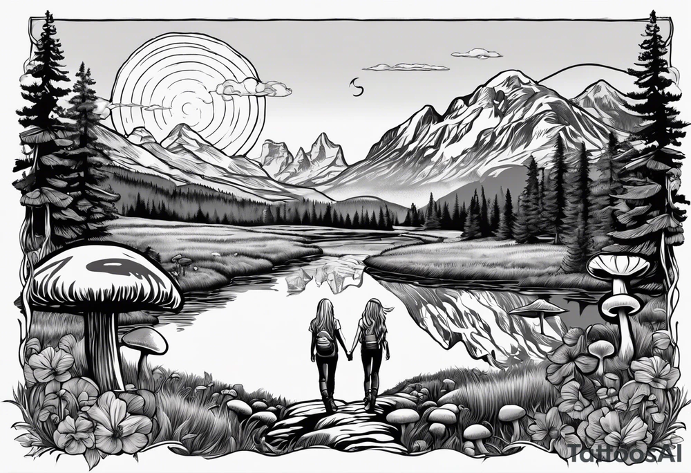Whole picture encircled fully

Straight long blonde hair hippie girl in distance holding mushrooms in hand facing away toward mountains and creek surrounded by mushrooms long sleeve shirt and hiking pants; whole rendering within a full circle, no cut off circle tattoo idea