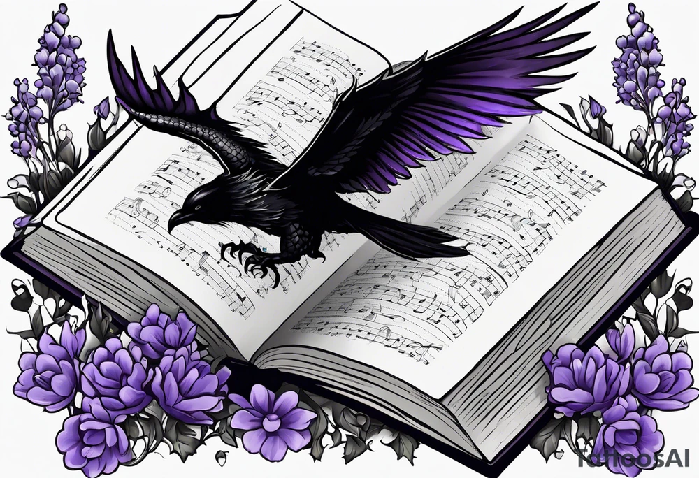 Create a simple drawn tattoo of an open book with a small dragon flying over, a pawn piece to the right, a single music note just above, a raven perched on the book corner, bumblebee on lavender flowers spread underneath tattoo idea