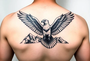 majestic eagle spreading wings against mountain peaks tattoo idea