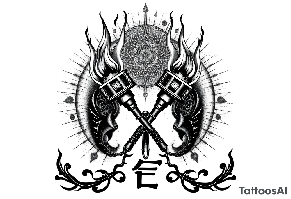 Large blackwork chest and neck tattoo. Two big crossed torches in the center of the chest, tightly wrapped in detailed barbed wire. Intense black flames rise upward from the torches, going high above the neck. The tattoo is massive, fully filled, no empty space. Background filled with dotwork, radial patterns, dark textures similar to the attached reference style. Strong geometric and ornamental filling along the collarbones. At the bottom, large bold letters 'БЛЦС' in a heavy gothic or blocky blackwork font. Entire tattoo done only in black ink, very high detail, dramatic, brutal, symmetrical composition, blackwork / dotwork / engraving style." tattoo idea