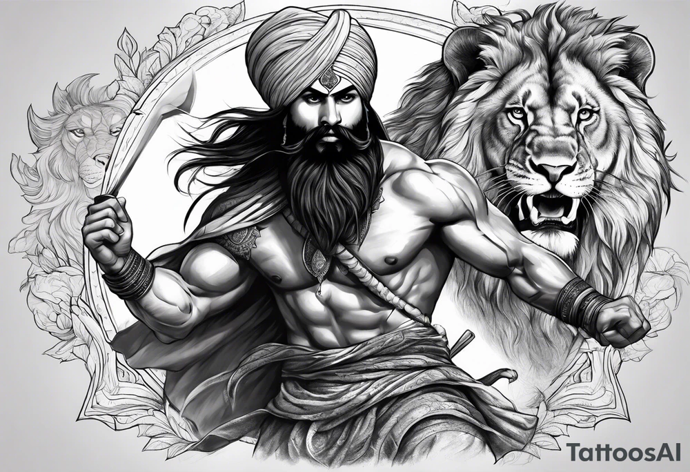 sikh warrior fighting with lion in background tattoo idea