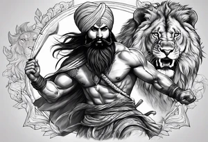 sikh warrior fighting with lion in background tattoo idea