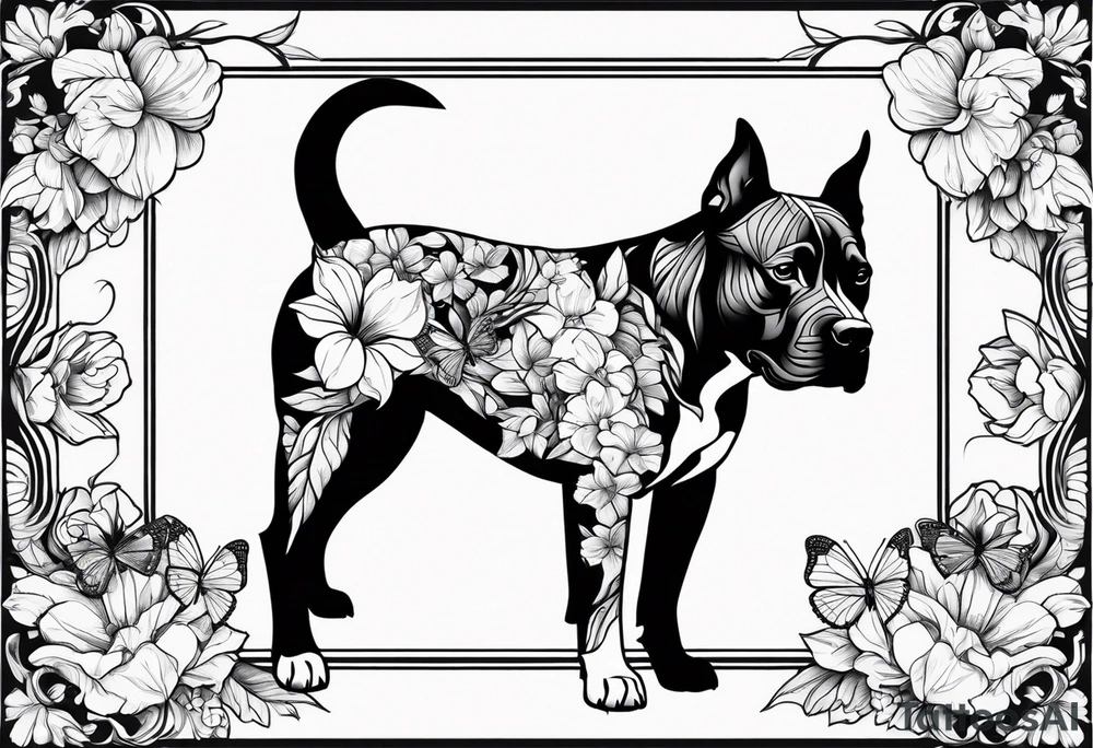 american black pitbull with floral backgrounds and tulips with a butterfly and an amstaff dog. tattoo idea