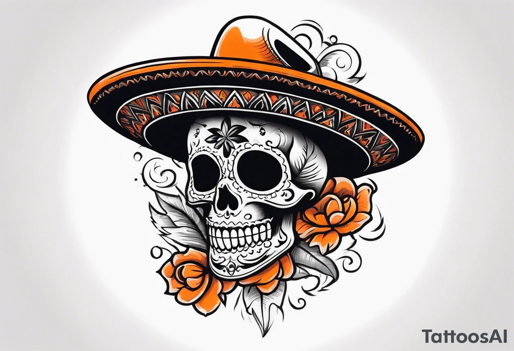Mexican skull with sombrero with smoke coming out of the bottom orange and black tattoo idea
