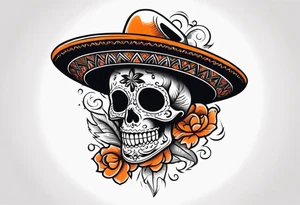 Mexican skull with sombrero with smoke coming out of the bottom orange and black tattoo idea