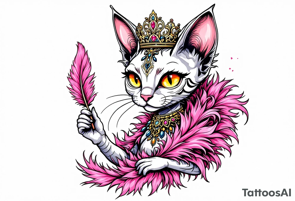 Chibi new school Glamorous sphinx cat holding 
pink feather boa and wearing a crown tattoo idea