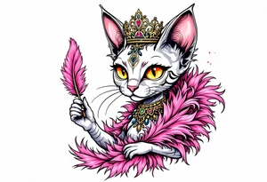 Chibi new school Glamorous sphinx cat holding 
pink feather boa and wearing a crown tattoo idea