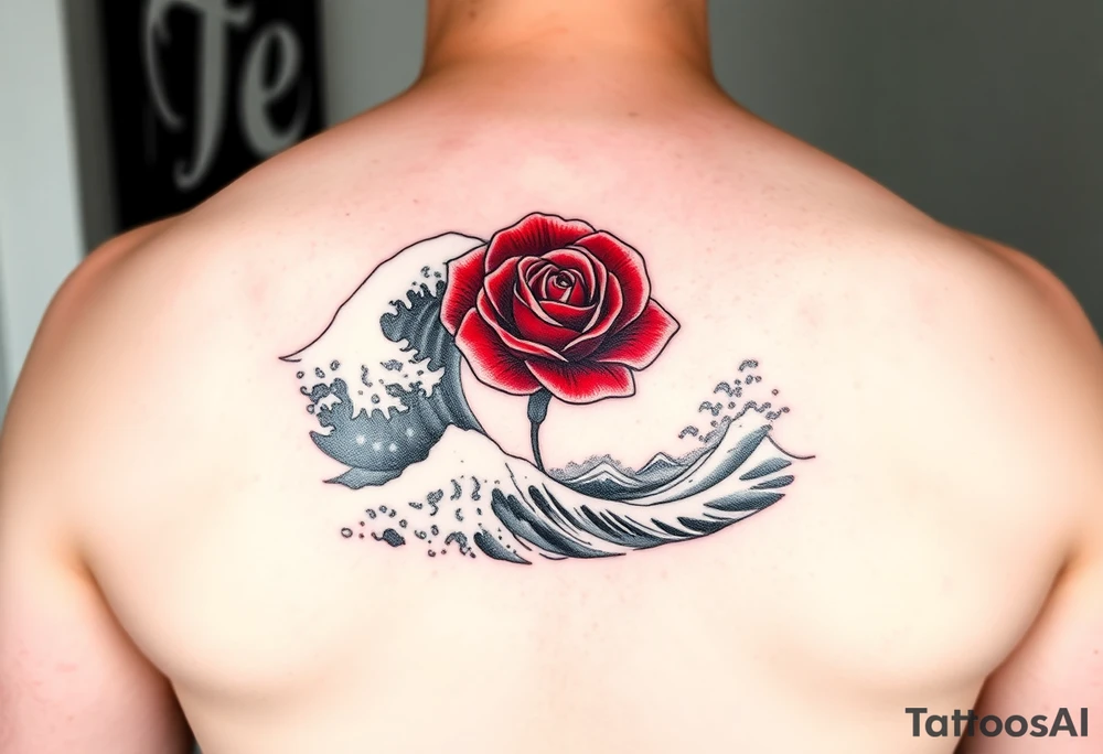 Arm tattoo of a beautiful red rose in the middle surrounded by the Great Wave off Kanagawa in black and white. tattoo idea