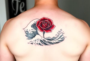 Arm tattoo of a beautiful red rose in the middle surrounded by the Great Wave off Kanagawa in black and white. tattoo idea