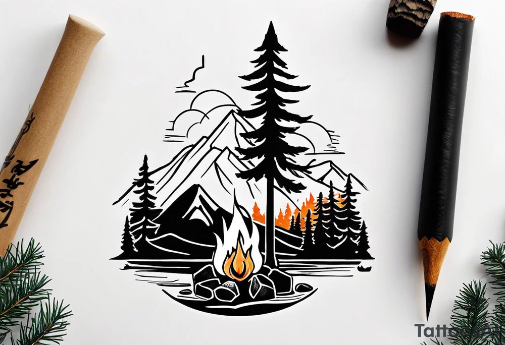 Small campfire in the center, right side: an evergreen tall tree, left side: mountain stream tattoo idea