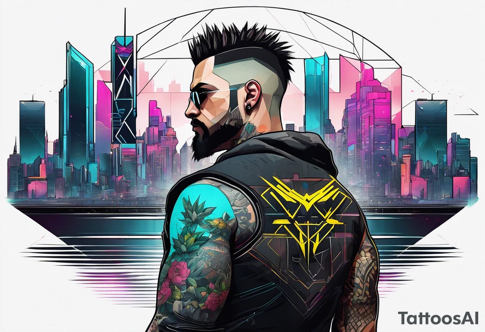 cyberpunk 2077, chest tattoo, geometric, subtle, men, city skyline, 4k tattoo idea