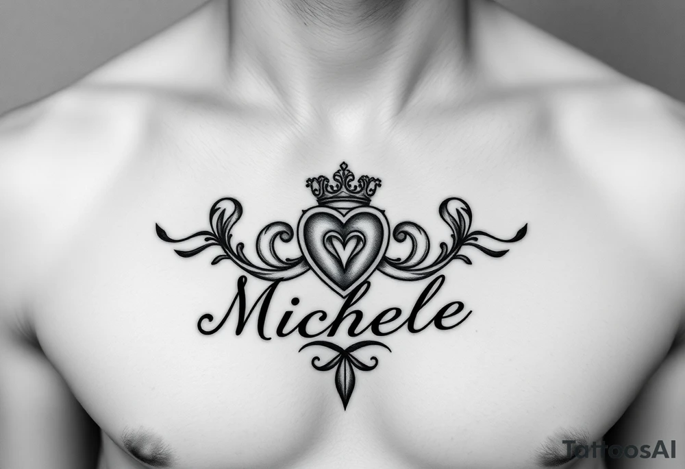 Create a tattoo on a man’s chest if a woman’s name. Claddagh and the name Michelle. tattoo idea