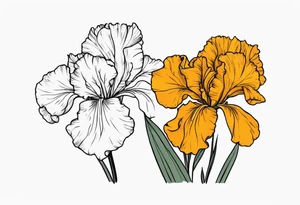 The names heather and Tayah as the stem of a marigold and a iris flowers tattoo idea