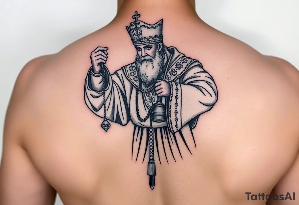 russian orthodox priest in a fully detailed garment swinging censer chains tattoo idea
