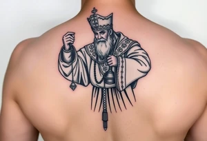 russian orthodox priest in a fully detailed garment swinging censer chains tattoo idea