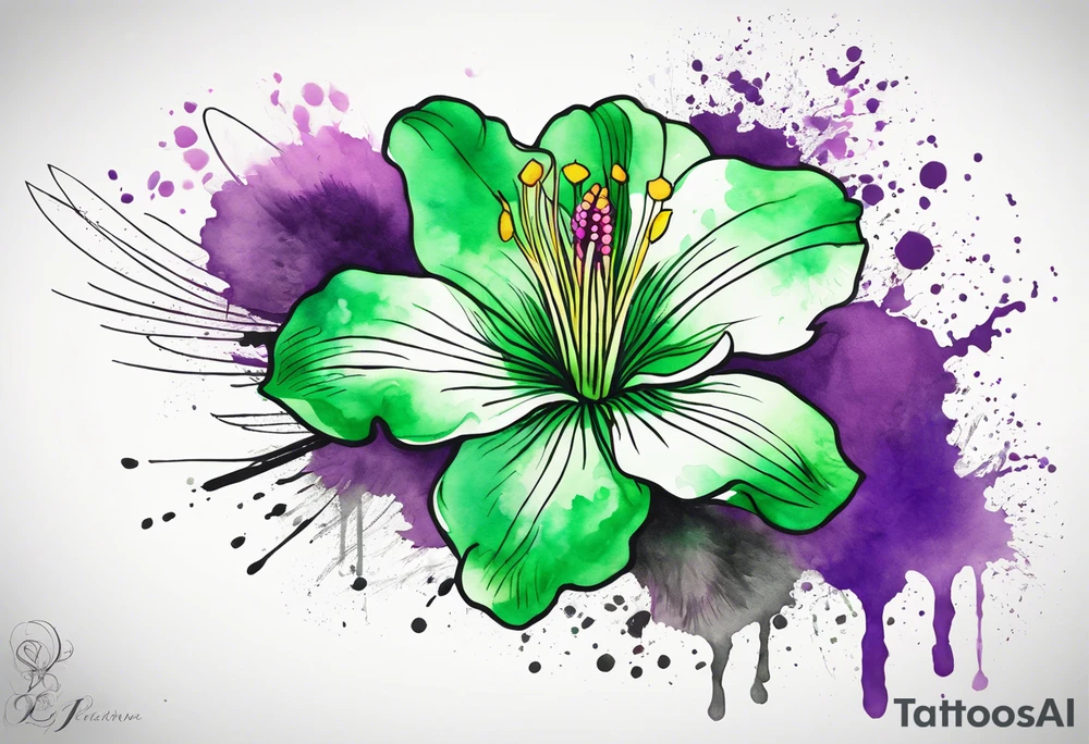 An outline of a green rio dipladenia flower and a green/purple watercolor splatter in the background tattoo idea