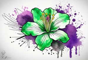 An outline of a green rio dipladenia flower and a green/purple watercolor splatter in the background tattoo idea
