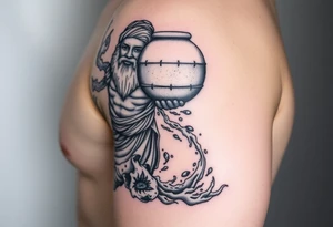 A large humanized god carrying a jar on his shoulder, the jar flows from water to create a marine environment tattoo idea
