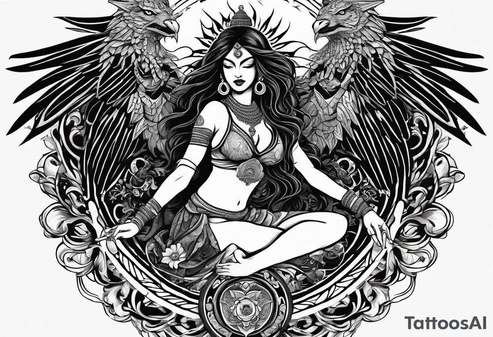 black kali, goddess pirate, alien, angel, pachamama, valkrye, warrior, flying, skull, lotus azul, wing, eagle, zenza resonance, stars, 5D, anahata chakra, death, durga, riding on a tiger, flying lady, kundalini, chest tatoo, rebel tattoo idea
