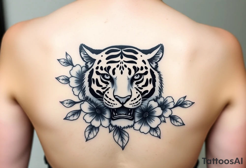 a whole tiger with some flowers around it tattoo idea