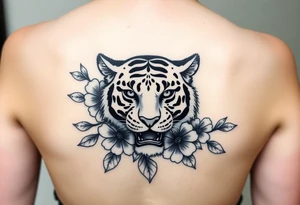 a whole tiger with some flowers around it tattoo idea