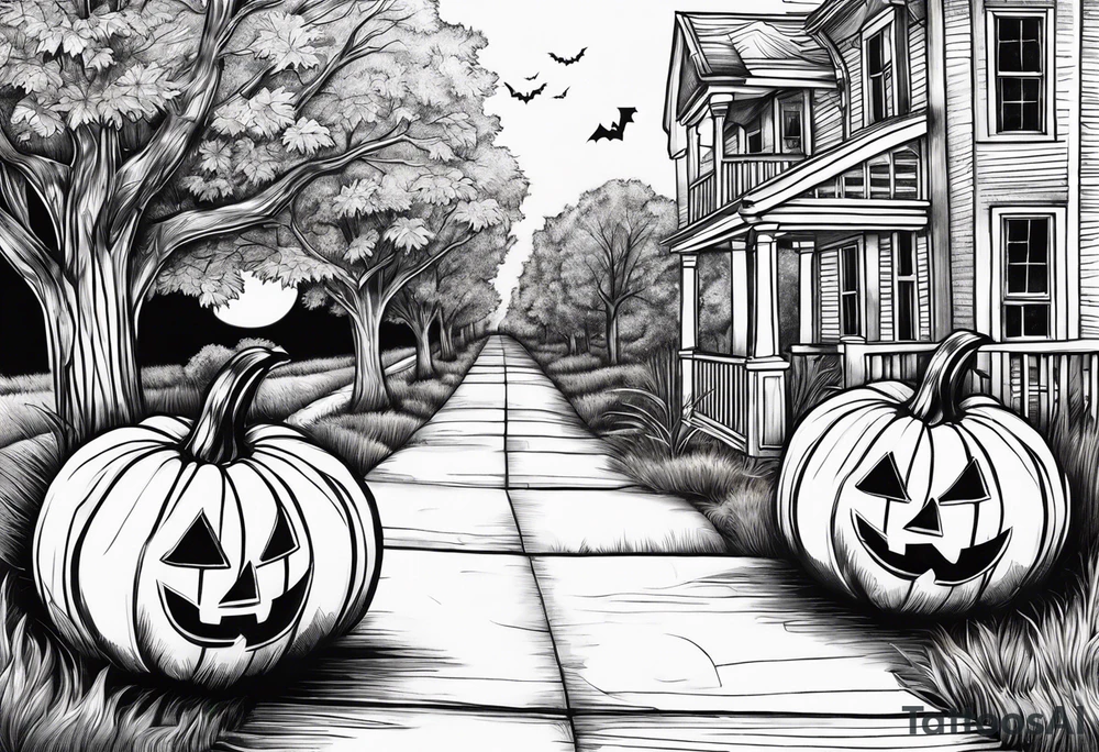 Midwestern street in fall with Halloween pumpkin tattoo idea