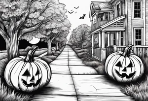 Midwestern street in fall with Halloween pumpkin tattoo idea