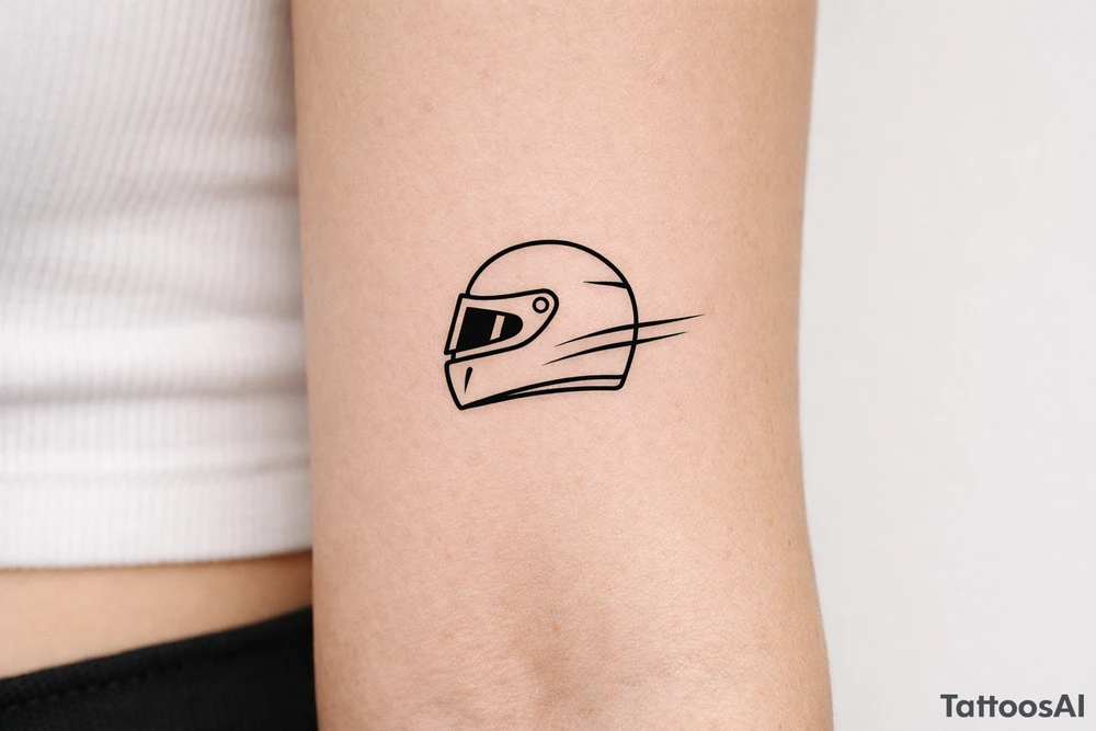 Minimalist motorsport tattoo, a sleek racing helmet in side profile with two subtle aerodynamic speed lines, black ink only, clean geometric linework, no shading, no text, compact square composition, highly recognizable at 5x5 cm, professional tattoo stencil, white background. tattoo idea