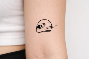 Minimalist motorsport tattoo, a sleek racing helmet in side profile with two subtle aerodynamic speed lines, black ink only, clean geometric linework, no shading, no text, compact square composition, highly recognizable at 5x5 cm, professional tattoo stencil, white background. tattoo idea