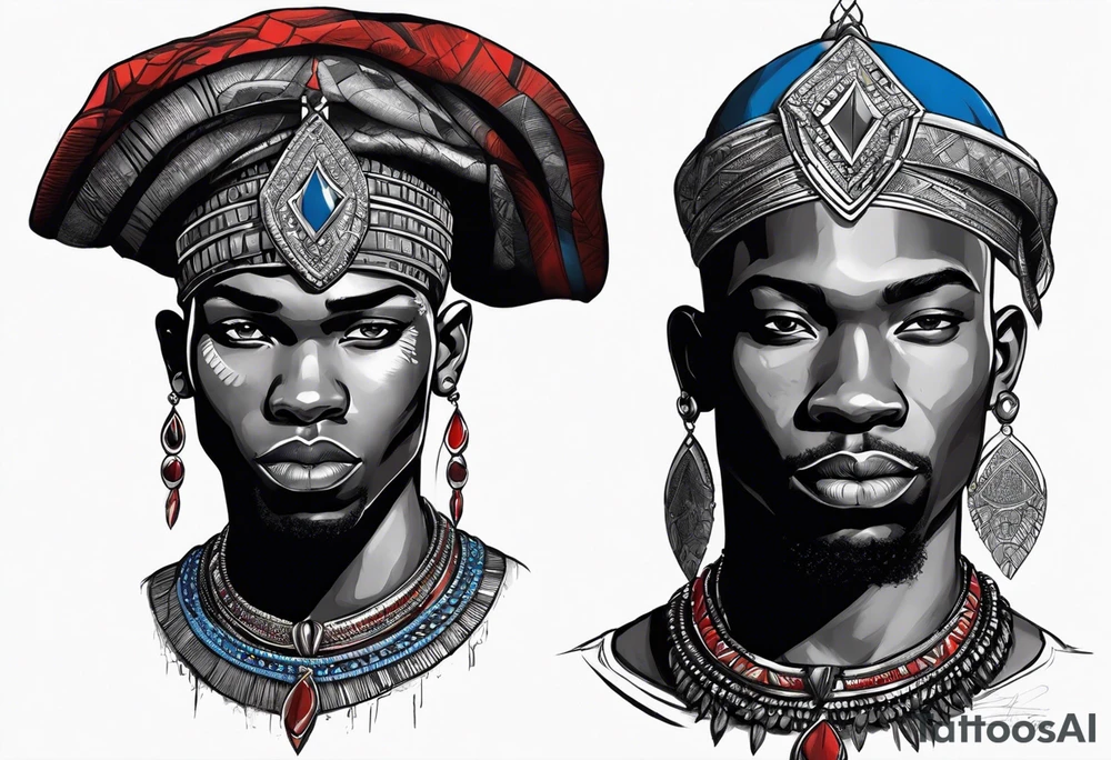 Black-skinned bald african warrior. He wears a simple and small silver crown. He uses two simple necklaces: one blue, other red. tattoo idea