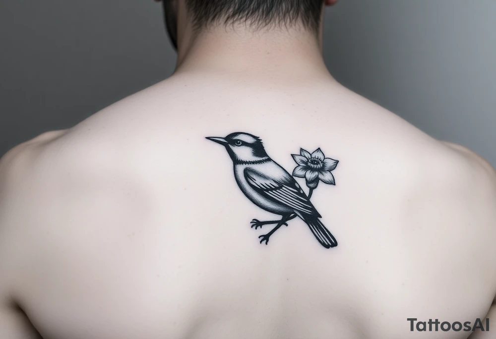 Small fantail bird with a poppy and a daffodil piwakaka tattoo idea